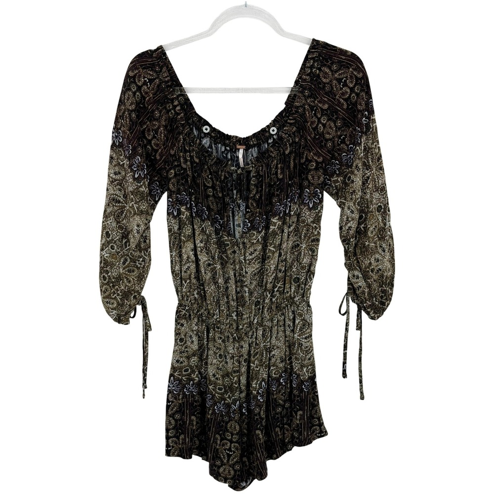Free People Romper Womens XS Brown Paisley So Divine Off Shoulder Boho Festival